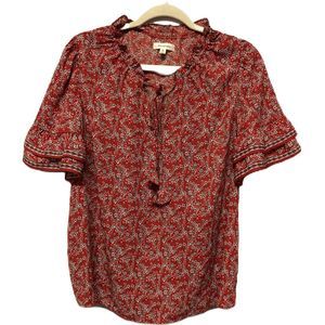 Max Studio XL Red Tiered Ruffle Sleeves, Floral Print Key Hole, Tie Closure Top